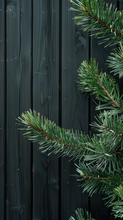 Close-up of evergreen pine branches against dark wooden backgroundの素材