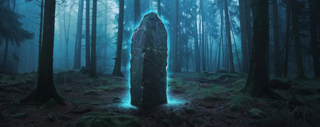 Mysterious glowing stone in an eerie forest at night, fantasy atmosphere. Magical and mystical conceptの素材