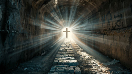 Cross at the end of a tunnel with rays of sunlight and stone pathの素材