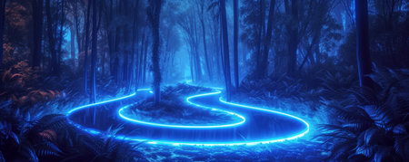 Neon illuminated forest path at night, ethereal atmosphere. Futuristic landscape conceptの素材