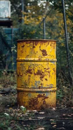 Old rusty yellow barrel in neglected industrial areaの素材