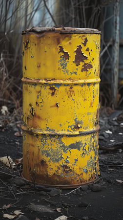 Rusty yellow barrel in an abandoned area, decay and neglect conceptの素材