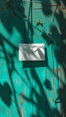 Envelope on a teal wooden door with vine shadowsの素材