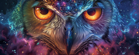 Close-up of an owl with cosmic background, digital art. Mystical and fantasy conceptの素材