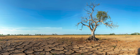 Lone tree in cracked dry desert landscape under a clear blue sky, environmental conceptの素材
