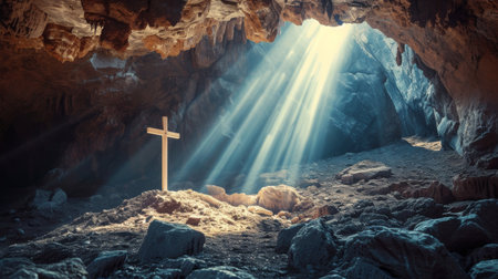 Sunlight streaming through a cave with a wooden cross on a moundの素材