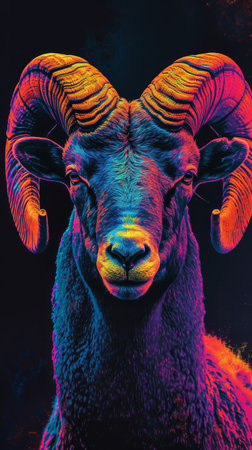 Colorful digital painting of a ram with neon lightsの素材