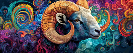 Colorful ram with intricate swirling designs, artistic creation. Abstract wildlife and nature conceptの素材