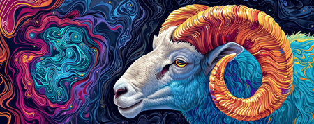 Colorful ram with intricate abstract background, psychedelic art. Animal and visionary conceptの素材
