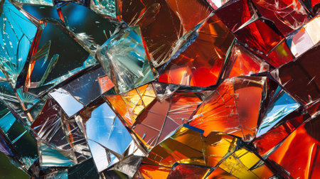 Colorful shattered stained glass pieces, close-up. Abstract art and design conceptの素材