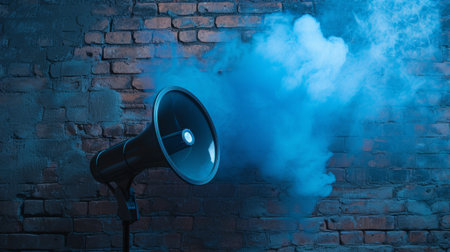 Loudspeaker emitting blue smoke against a brick wallの素材
