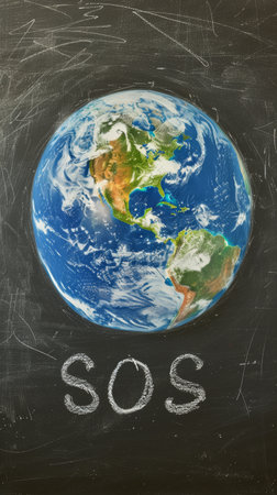 Earth planet with SOS written in chalkboard background, environmental conceptの素材