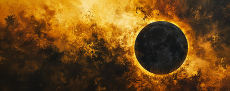 Solar eclipse in a fiery sky, astronomical phenomenon conceptの素材