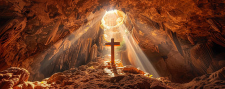 Sunlit cave with cross and beams of light through the ceiling. Spiritual and peaceful conceptの素材