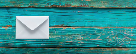 White envelope on turquoise wooden background, top viewの素材
