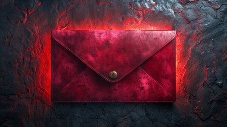 Red leather envelope clutch on a textured dark background, fashion accessory conceptの素材