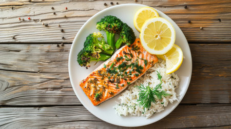 Grilled salmon fillet with steamed broccoli, lemon slices, and rice on wooden table, healthy eating conceptの素材
