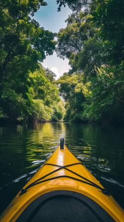 Kayaking through lush green jungle river, adventure conceptの素材