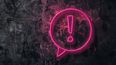 Neon pink exclamation mark in speech bubble on dark grunge wallの素材