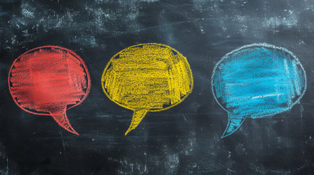 Three colored chalk speech bubbles on blackboard, communication conceptの素材