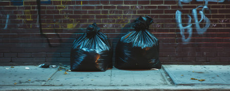 Two garbage bags against graffiti-covered brick wall at night, urban street sceneの素材
