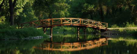 Wooden bridge over calm river in lush green park, serene nature view. Tranquility and relaxation conceptの素材