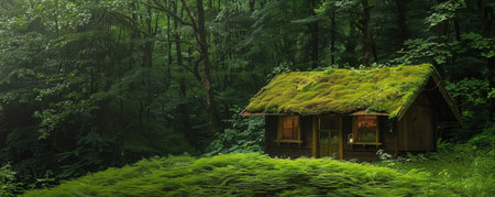 Cozy cabin in a lush green forest with a moss-covered roof, tranquil and serene atmosphereの素材