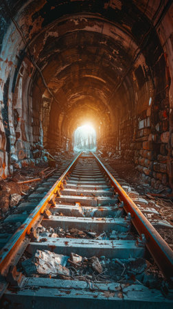 Abandoned railway tunnel with sunlight at the exit, rustic and mysterious settingの素材