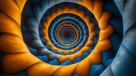 Spiral vortex with intertwining blue and orange patterns, abstract geometric backgroundの素材