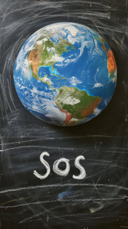 Planet earth with sos message on chalkboard, environmental awareness conceptの素材