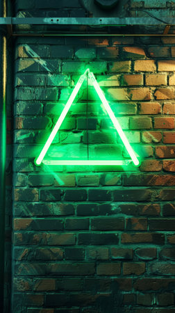 Green neon triangle sign on brick wall, urban street art conceptの素材