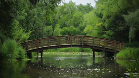 Wooden footbridge over a tranquil pond surrounded by lush greenery, nature and relaxation conceptの素材