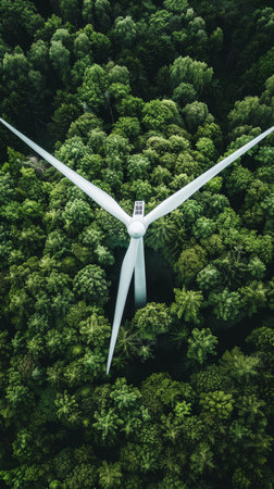 Aerial view of a wind turbine in a dense forest, renewable energy conceptの素材