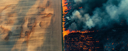 Aerial view of a field with a wildfire spreading, with one side of the field burnt and the other side untouchedの素材