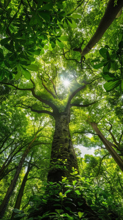 Majestic tree canopy with sunlight filtering through leaves from belowの素材