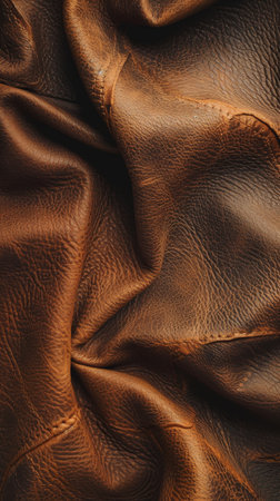 Close-up of brown leather fabric with texture and stitchesの素材