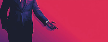 Businessman extending hand in greeting against vibrant pink backgroundの素材