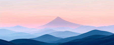 Mountain landscape with layered hills at sunrise, tranquil and serene atmosphere. Nature and exploration conceptの素材