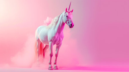 Unicorn standing in pink mist on a pastel background, fantasy and magic conceptの素材