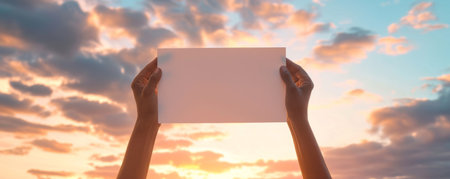 Hands holding blank white paper against sunset sky, conceptual outdoor sceneの素材