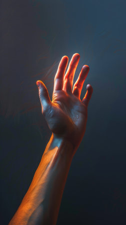 A raised hand illuminated by vibrant light with dark backgroundの素材