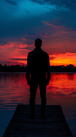 Silhouette of a man standing on a dock at sunset over a calm lake, contemplative moodの素材