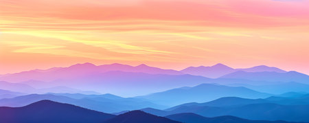 Mountain range at sunset with colorful sky, panoramic view. Scenic nature landscape conceptの素材