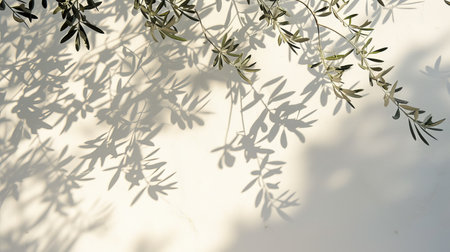 Olive tree branches casting shadows on a white wallの素材