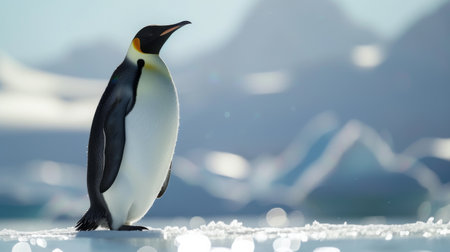 Emperor penguin standing on ice with blurred snowy mountains in the background, wildlife and nature photographyの素材