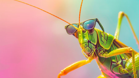 Grasshopper with sunglasses on vibrant background, fun and whimsical conceptの素材