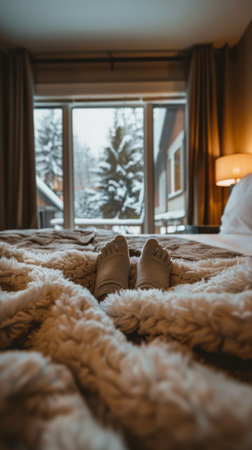Relaxing in bed with snowy view outside cabin windowの素材