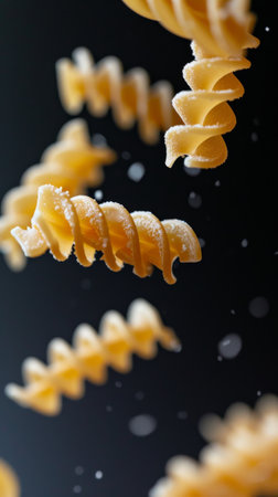 Close-up of fusilli pasta falling with flour on black backgroundの素材