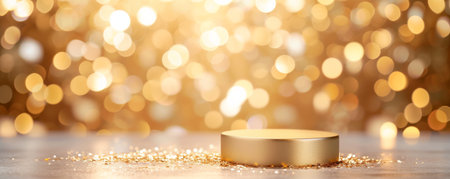 Golden podium on a glittering bokeh background, festive celebration conceptの素材