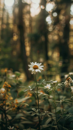 Close-up of daisy flower in forest with bokeh background, nature conceptの素材